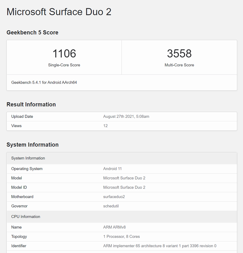 Surface Duo 2 Geekbench