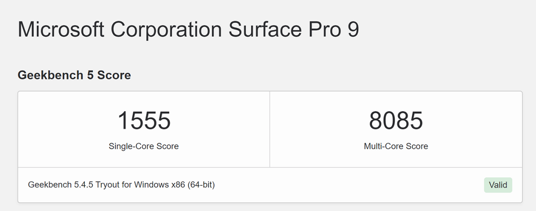 Surface Pro 9 Intel Core i5 Geekbench 5