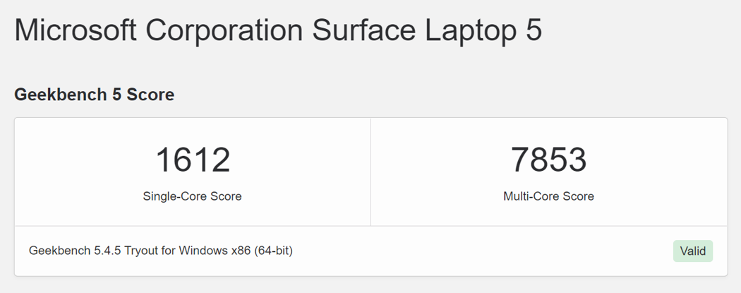 Surface Laptop 5 15 Geekbench 5 Benchmark