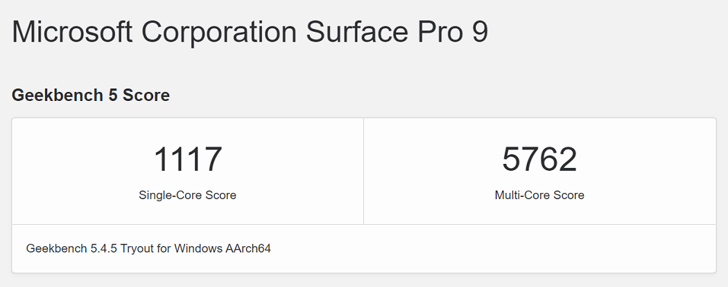 Surface Pro 9 SQ3 ARM 5G Geekbench 5